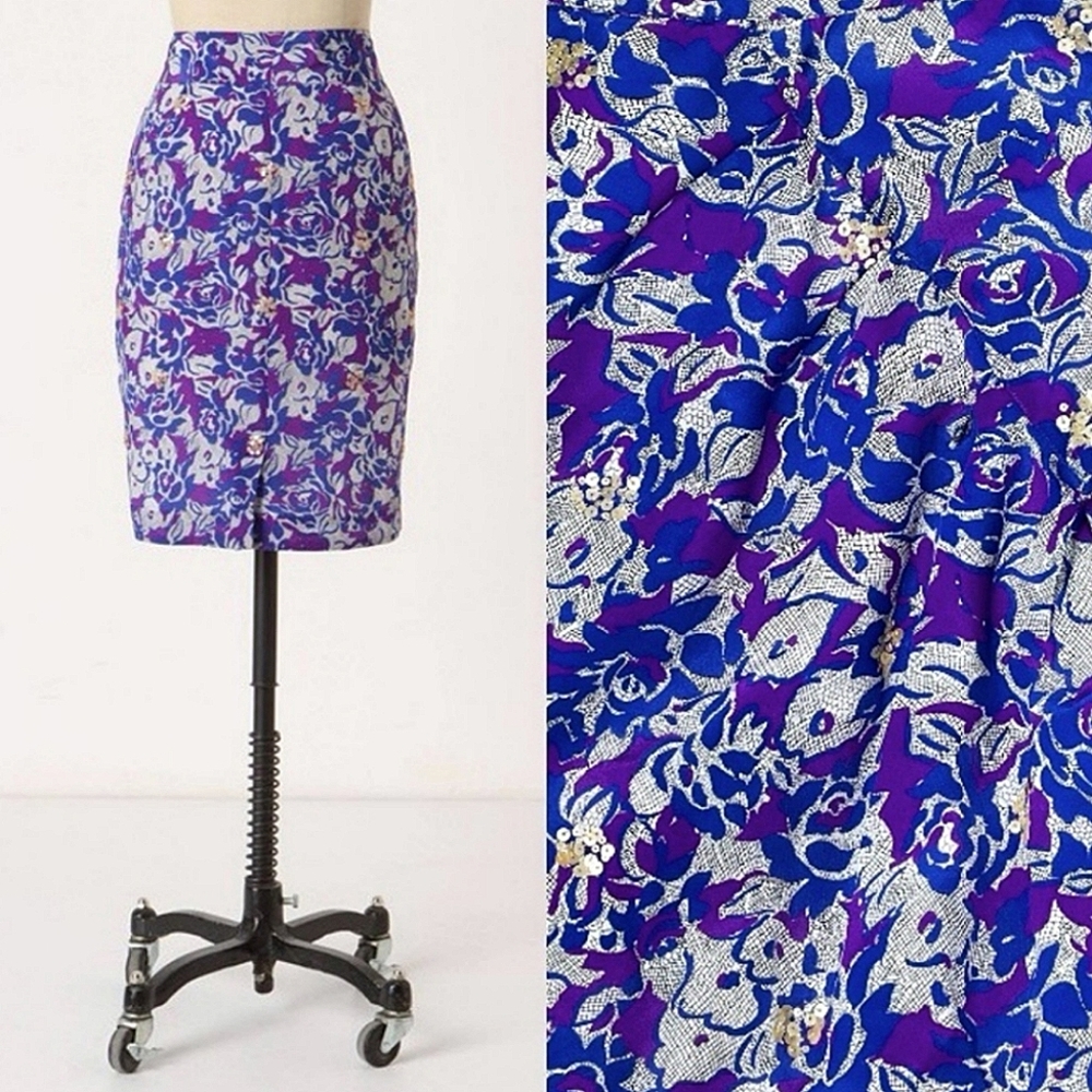 Sequin Silk Floral Ruched Pencil Skirt - Anthropologie Fei